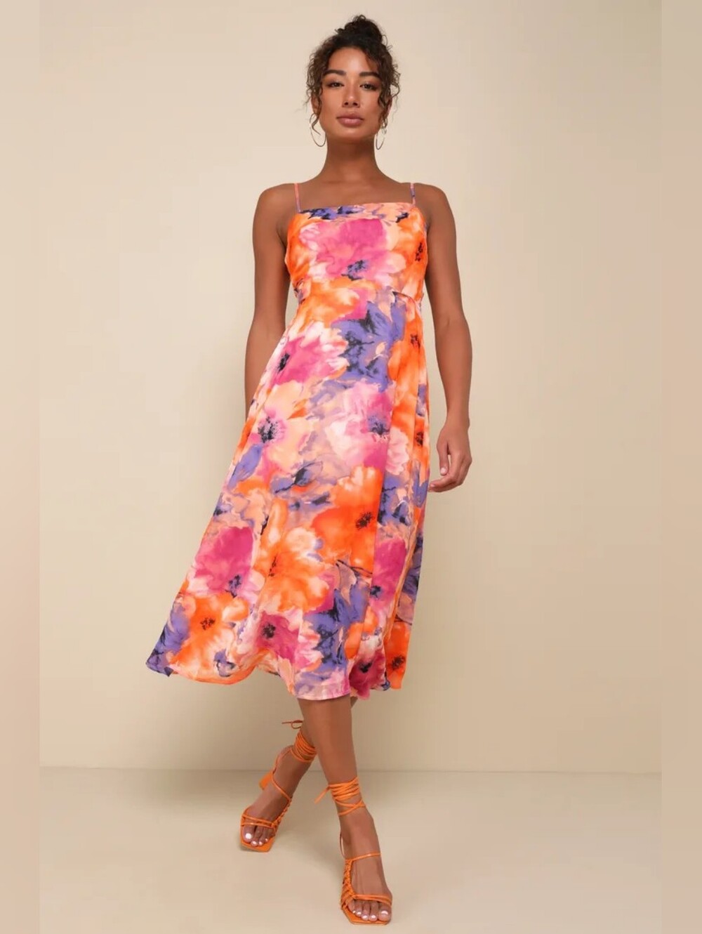 Lulus Radiant Feelings Orange Purple Floral Chiffon Midi Dress Medium
